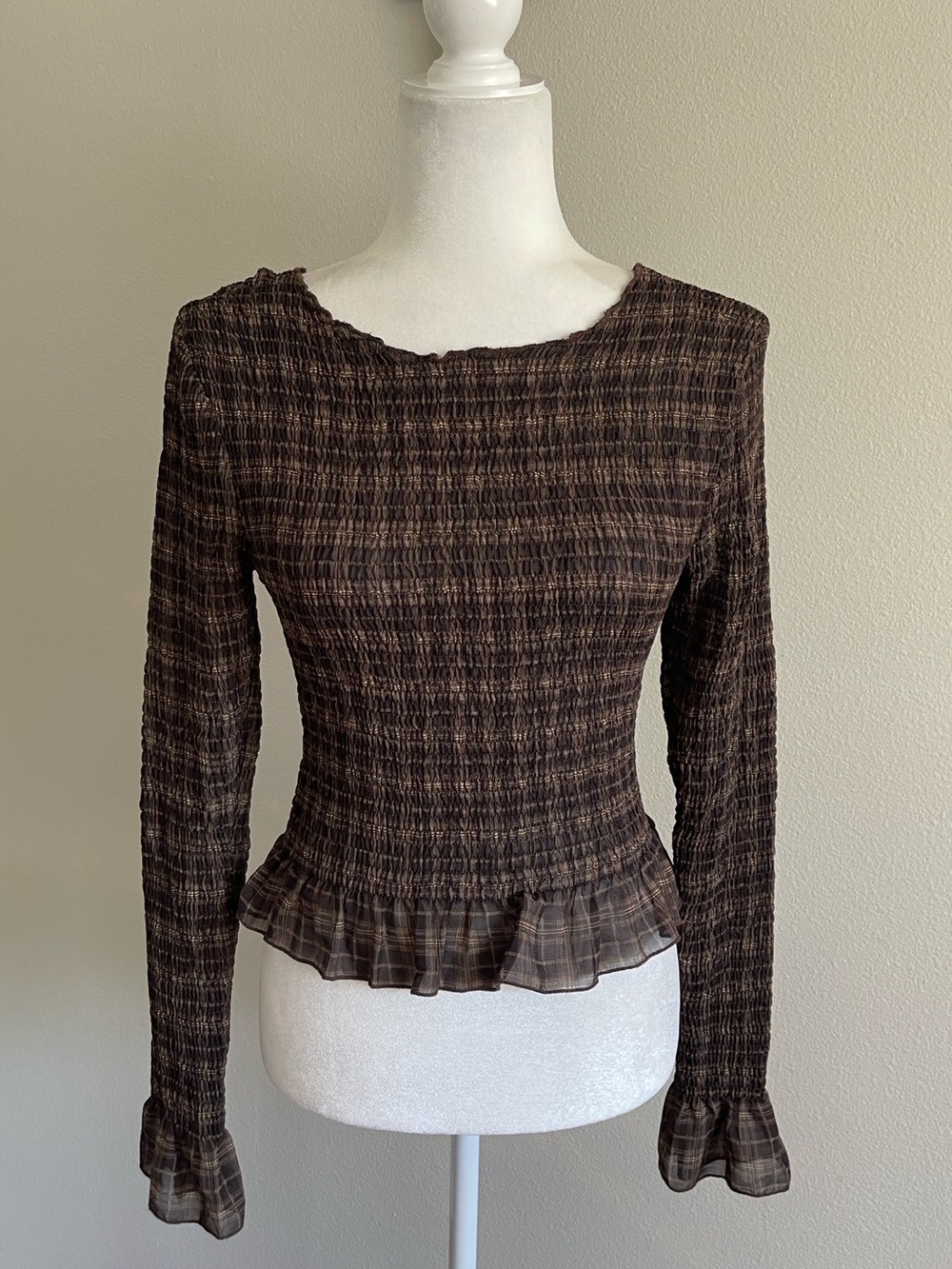 Smocked Brown Long-Sleeve Peplum Top - Women